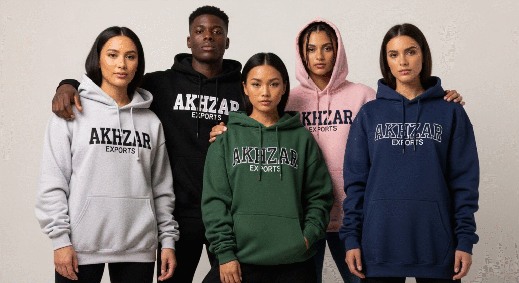 Wholesale custom hoodies by Akhzar Exports – OEM sportswear manufacturer from Pakistan offering private label activewear, custom jackets, gym wear, leggings, and sports bras for international fitness brands.