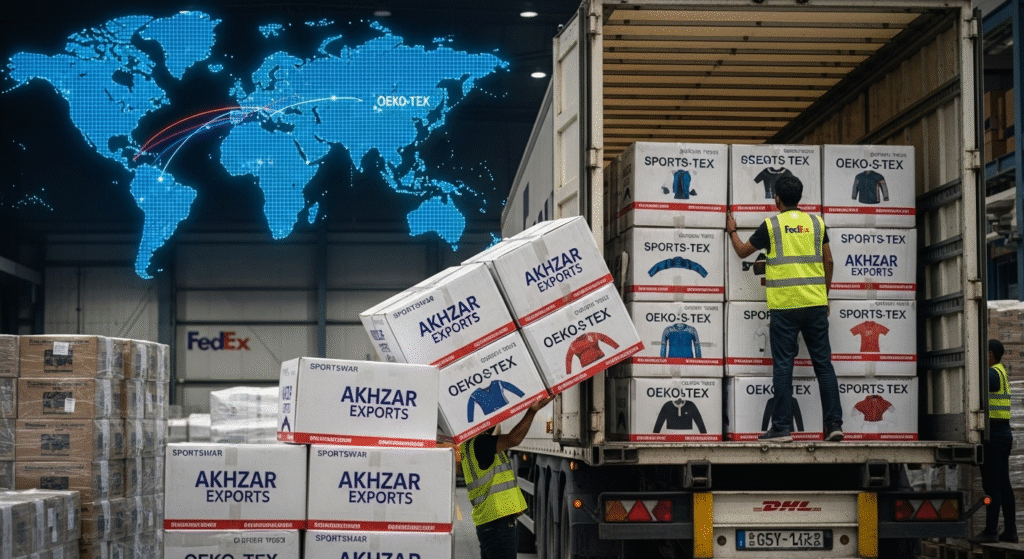 Sportswear manufacturer Pakistan exporting activewear with OEKO-TEX fabrics, DHL FedEx shipping, and quality standards for USA UK and EU markets.
