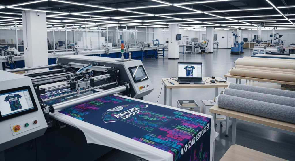 Sportswear manufacturer with sublimation printing machines, 3D product design previews, and eco-friendly fabrics for activewear brands in USA and UK.

