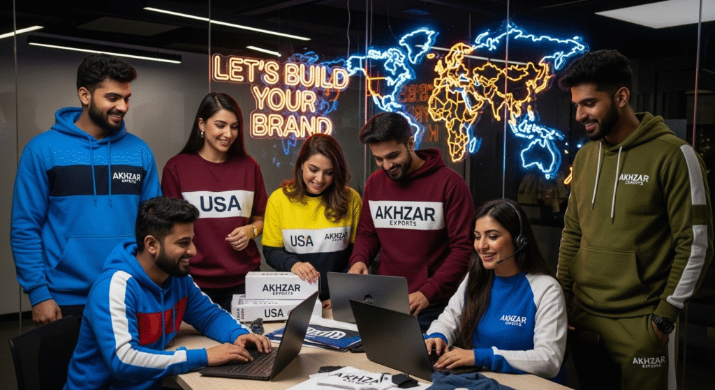 Akhzar Exports contact team wearing custom sportswear including hoodies, T-shirts, and tracksuits – leading private label sportswear and activewear manufacturer in Pakistan, offering custom gym wear, embroidered sportswear, and wholesale athletic apparel for USA, UK, and Europe
