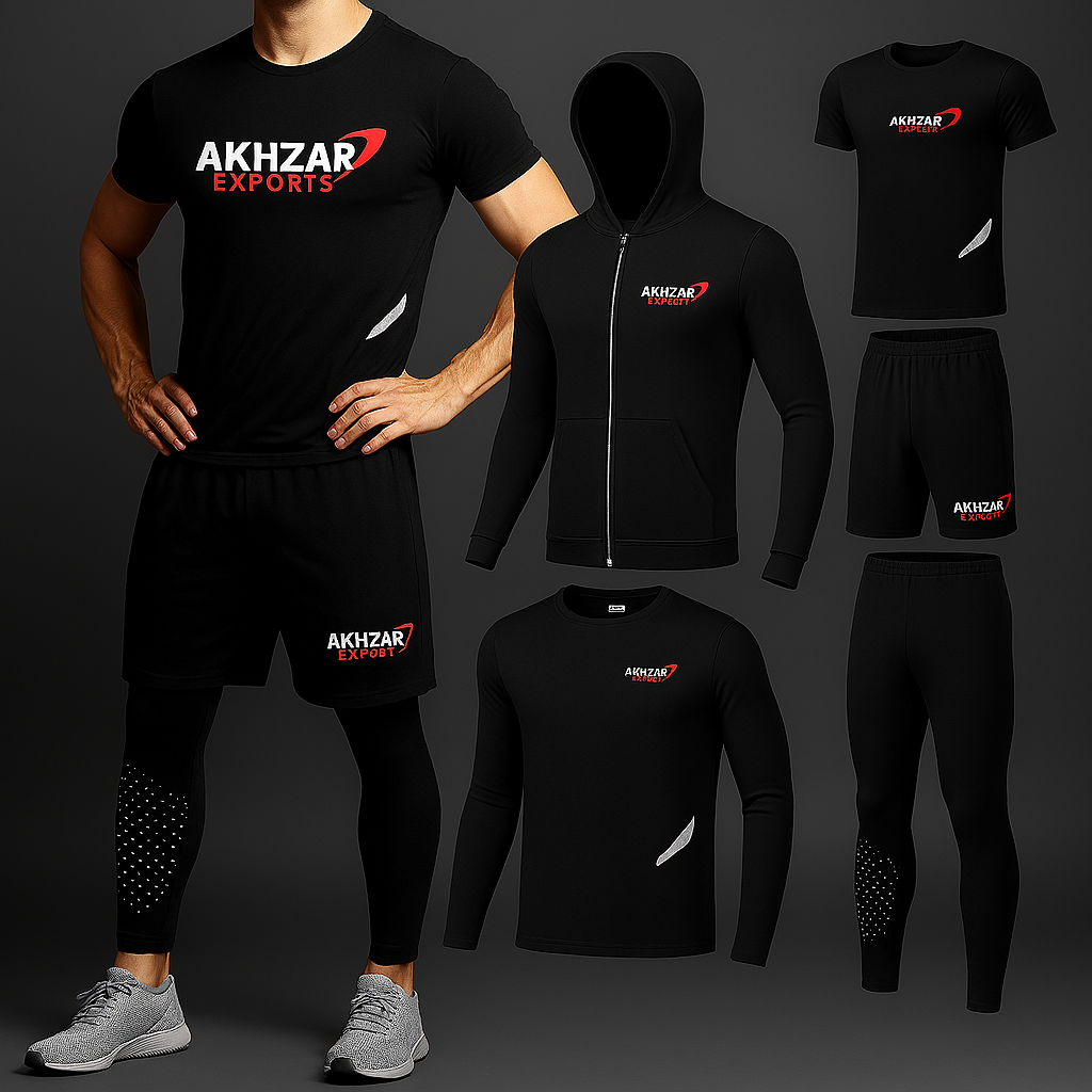 Custom black gym wear by Akhzar Exports featuring compression leggings and performance t-shirt