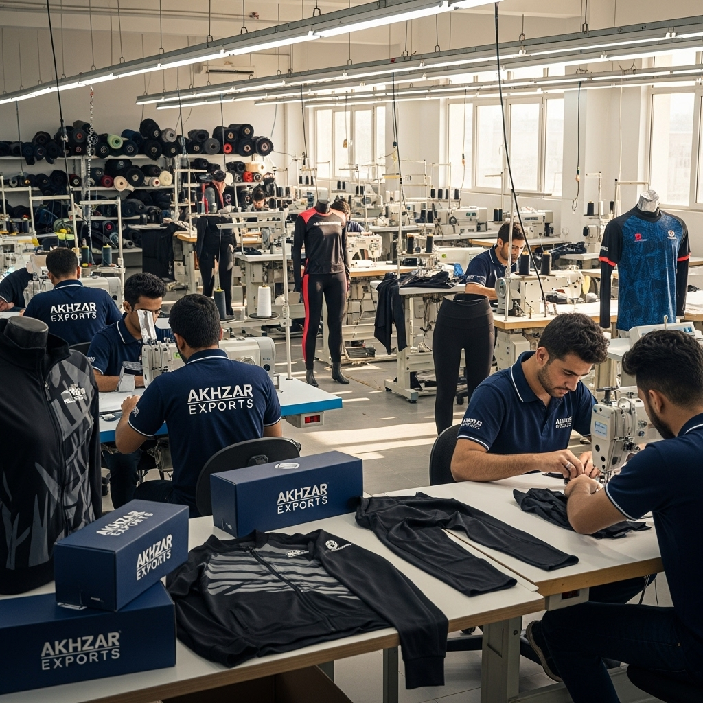 Strict quality control at Akhzar Exports sportswear manufacturer in Pakistan – premium custom jerseys and activewear production for USA & UK brands.