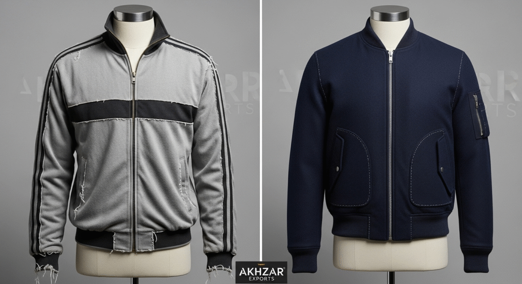 Comparison of low-quality sportswear vs. premium bomber jacket by Akhzar Exports, Sialkot.
sportswear manufacturer in Pakistan