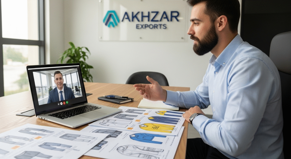 Akhzar Exports manager video calling international sportswear clients for seamless communication.
sportswear manufacturer in Pakistan