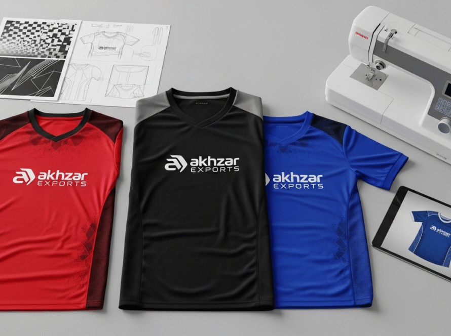 Custom sportswear jerseys with embroidery and design sketches representing a manufacturing brand in 2025.