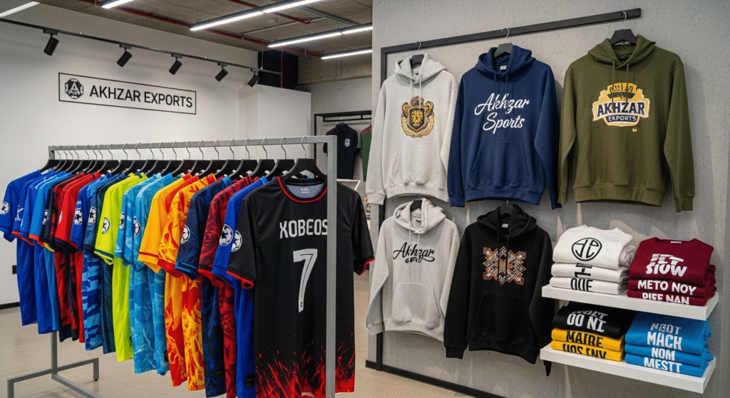 Custom sublimation soccer jerseys, embroidered hoodies, and screen-printed sweatshirts by Akhzar Exports.
sportswear manufacturer in Pakistan