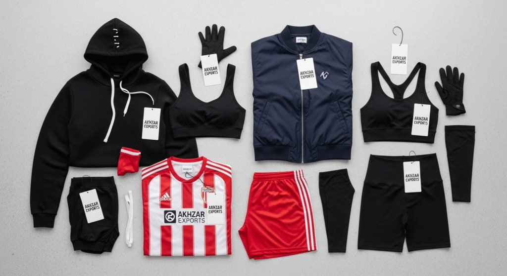 Custom hoodies, jackets, uniforms, and leggings manufactured by Akhzar Exports in Sialkot.
sportswear manufacturer in Pakistan