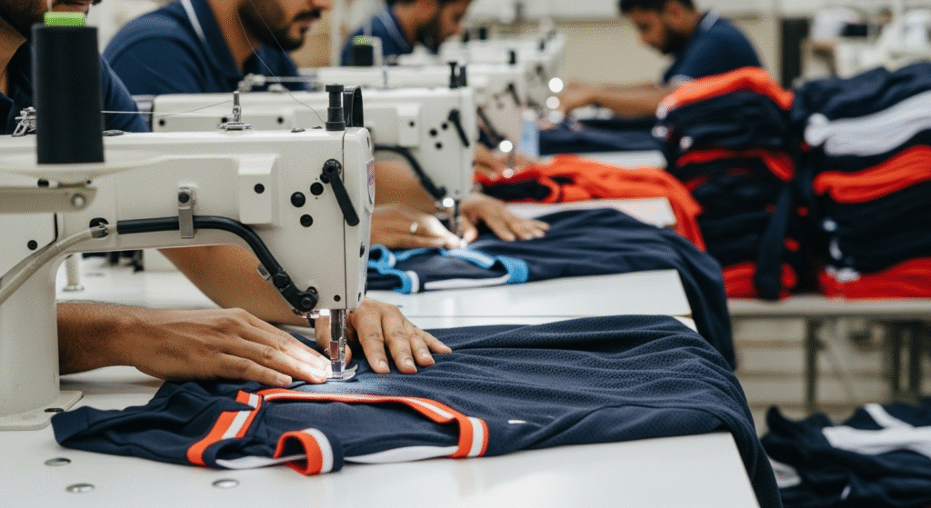 Skilled workers at Akhzar Exports stitching custom basketball jerseys and leggings in Sialkot, Pakistan
