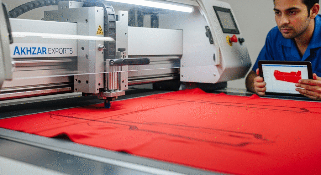 CAD cutting machine at Akhzar Exports used in custom sportswear manufacturing.