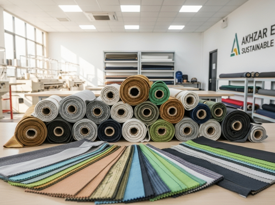 Eco-friendly sustainable fabrics at Akhzar Exports sportswear manufacturing unit in Sialkot.
