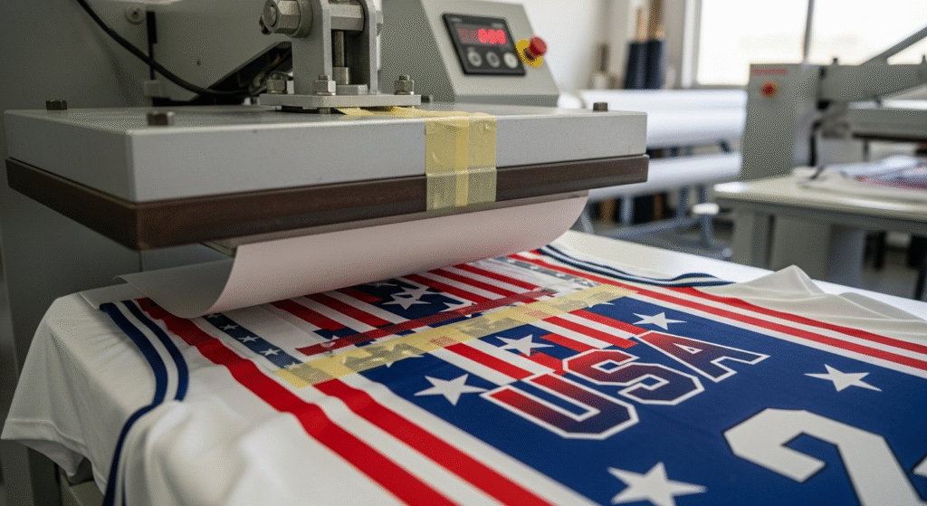 Sublimation printing at Akhzar Exports factory for USA custom sportswear brands.