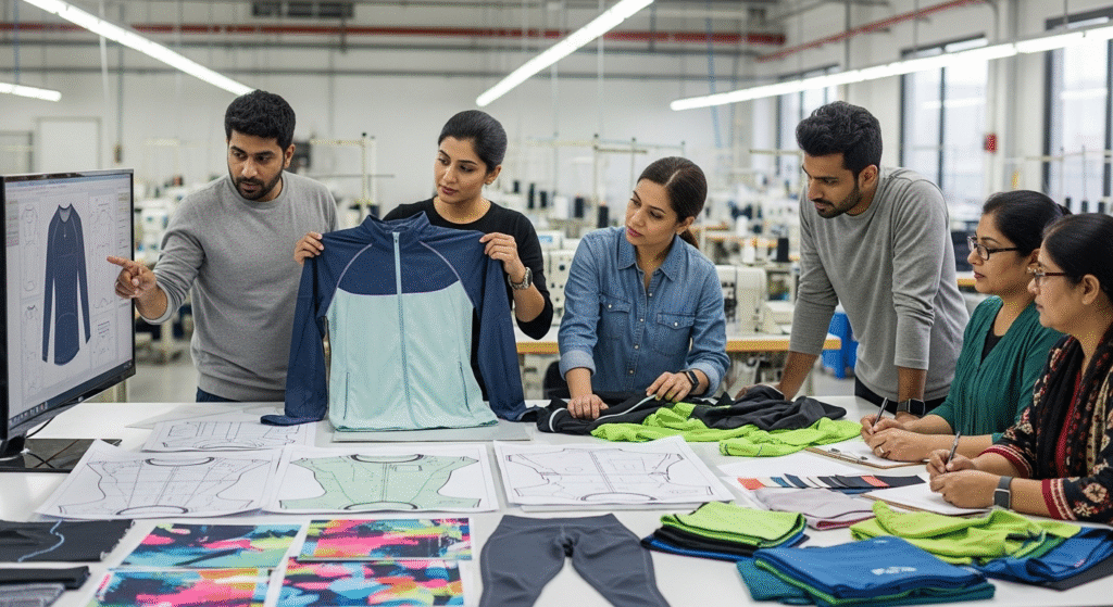 Akhzar Exports (custom sportswear manufacturer) production team manufacturing custom eco sportswear for USA brands