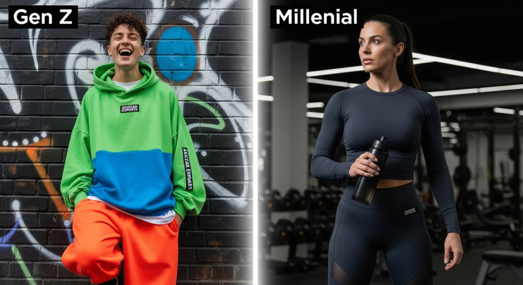 Gen Z and Millennials activewear comparison by Akhzar Exports (custom sportswear manufacturer)