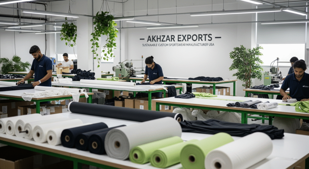 Akhzar Exports eco-friendly sportswear manufacturer USA using RPET recycled polyester, organic cotton, and sustainable production techniques for custom activewear.