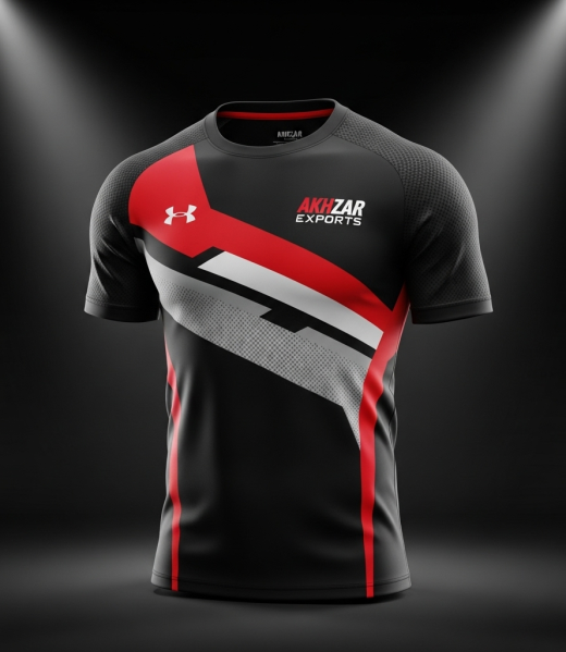 Akhzar Exports custom sports shirt manufacturer – high-quality athletic performance shirt in black with red and white accents, wholesale activewear supplier.
